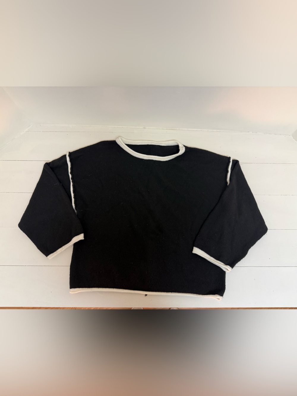 Vici Black Crewneck Sweater with Cream Contrast Trim
